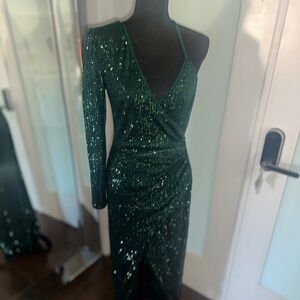Emerald Green Asymmetrical Gown with Plunge Neckline and Ruching
